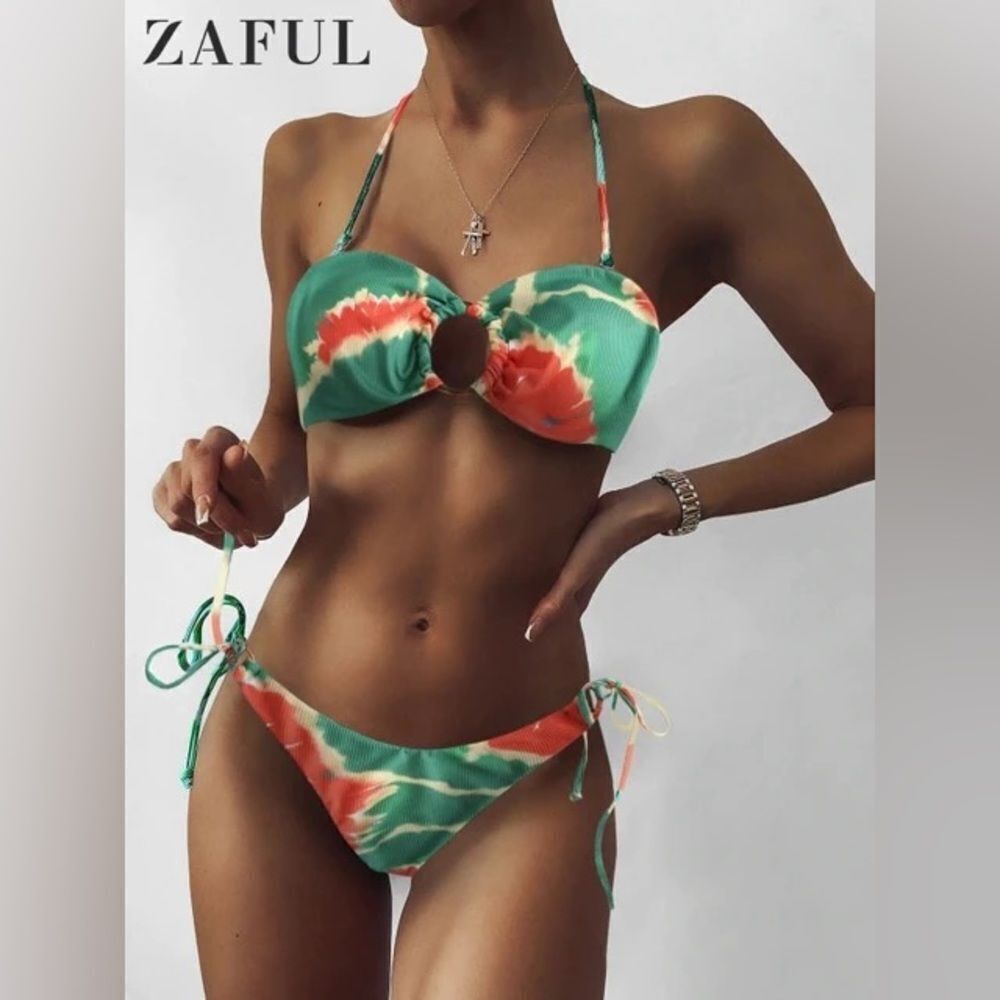 ZAFUL Bikini Women SZ4 SWIMWEAR Ribbed Tie Dye O Ring Lace Up vacation
